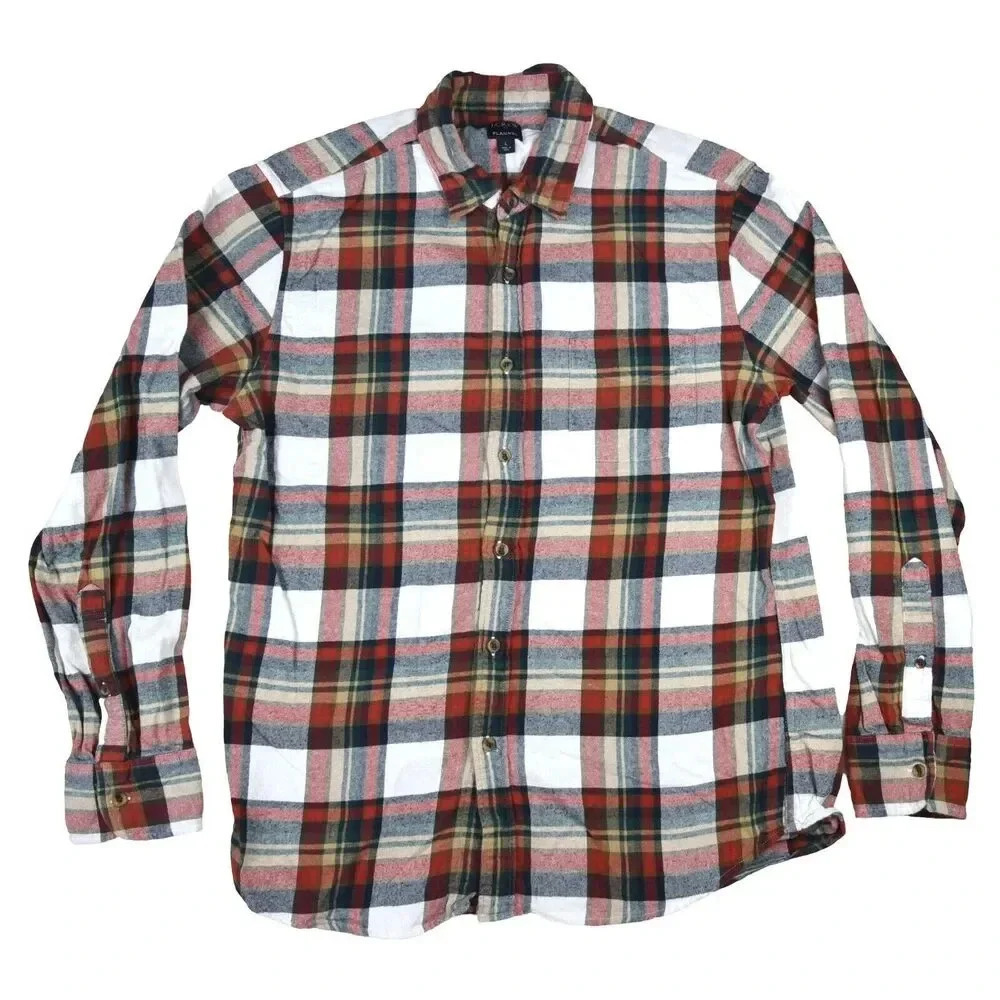 Mens J. Crew Flannel Dress Shirt L Red Button Cotton Plaid Classic Preppy